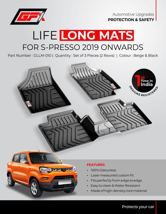 GFX Maruti Suzuki S-Presso 2019 Onwards Life Long Floor Mats (Set of 3 Pcs) - Autosparz