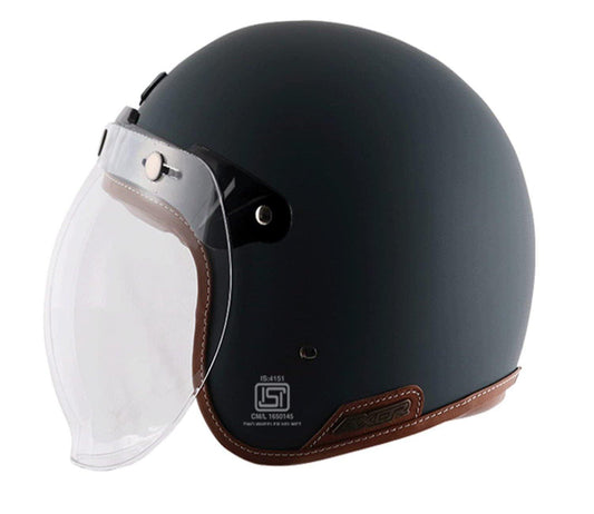 Axor Retro Jet Leather Trim Open Face Helmet (Dull Slate) - Autosparz