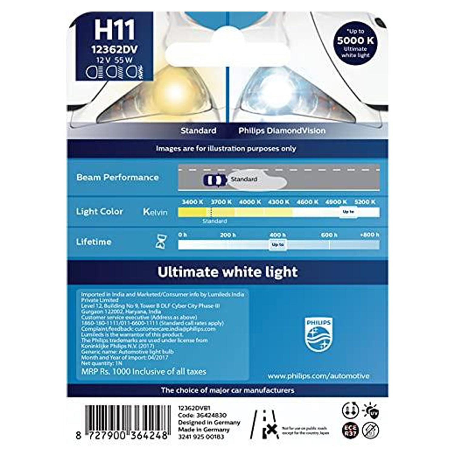 Philips H11 12362 Diamond Vision Headlight Bulb (12V, 55W) - Autosparz