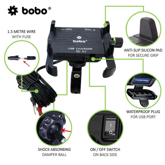 BOBO BM5 Claw-Grip Aluminium Bike Phone Holder (With Fast USB 3.0 Charger) - Autosparz