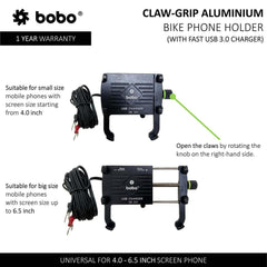 BOBO BM5 Claw-Grip Aluminium Bike Phone Holder (With Fast USB 3.0 Charger) - Autosparz