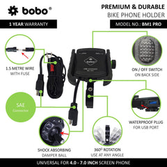 BOBO BM1 PRO Jaw-Grip Bike Phone Holder (with fast USB 3.0 charger, SAE connector & Fast USB Cable) - Autosparz