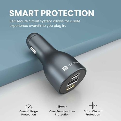 Portronics Car Power 120-Car Laptop/Mobile Charger (Quick Charge+PD) With Triple Charging Port (Grey)