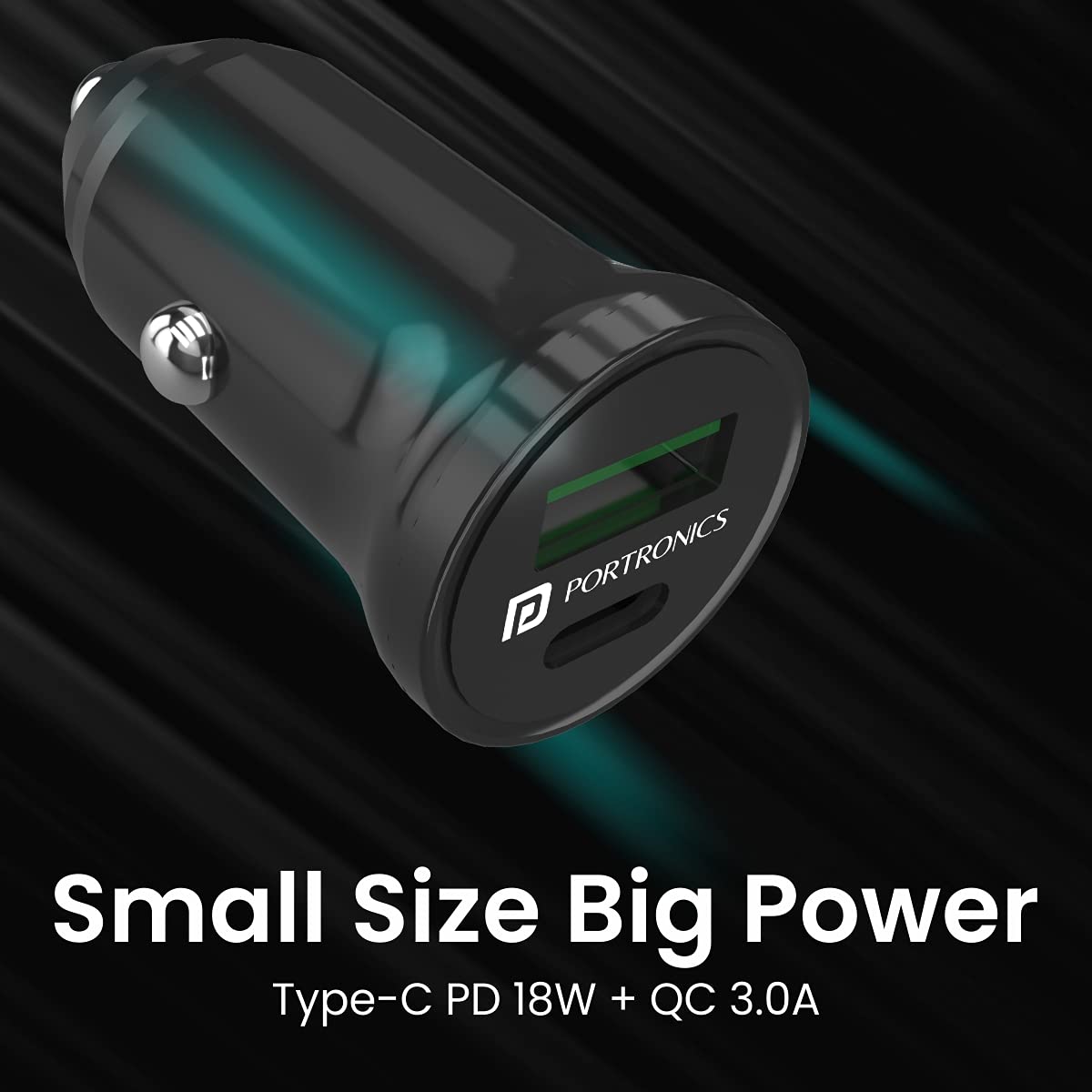 Portronics CarPower Mini Car Charger With Dual Output Ports (QC 3.0A +Type C PD 18W) (Black)