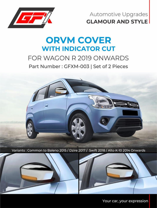 GFX Chrome finish Outside Rear View Mirror (ORVM) Cover with Indicator Cut For Maruti Suzuki Wagon R (2019 onwards) (Set of 2 Pcs.) - Autosparz