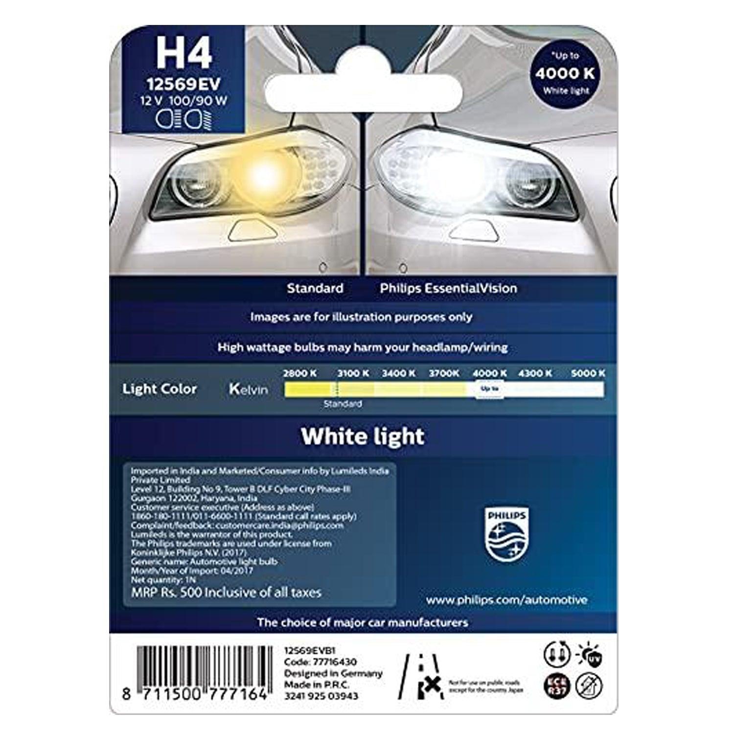 Philips 12569EVB1 H4 White Light Essential Vision Headlight (12V, 100/90W) - Autosparz