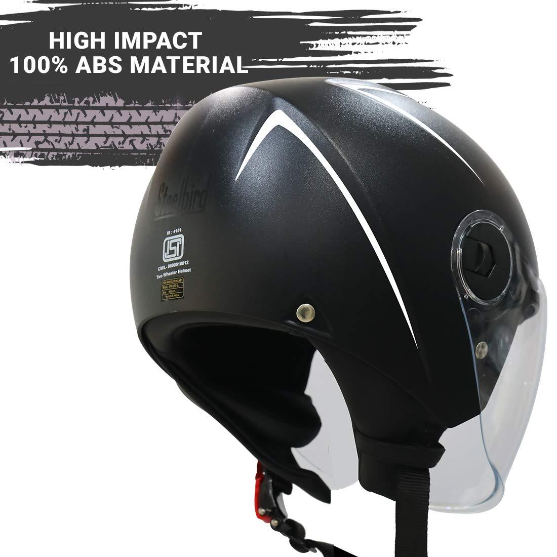 Steel Bird SBH-20 Zip Reflective Open Face Helmet (Large 600 mm, Dashing Black with Plain Visor) - Autosparz