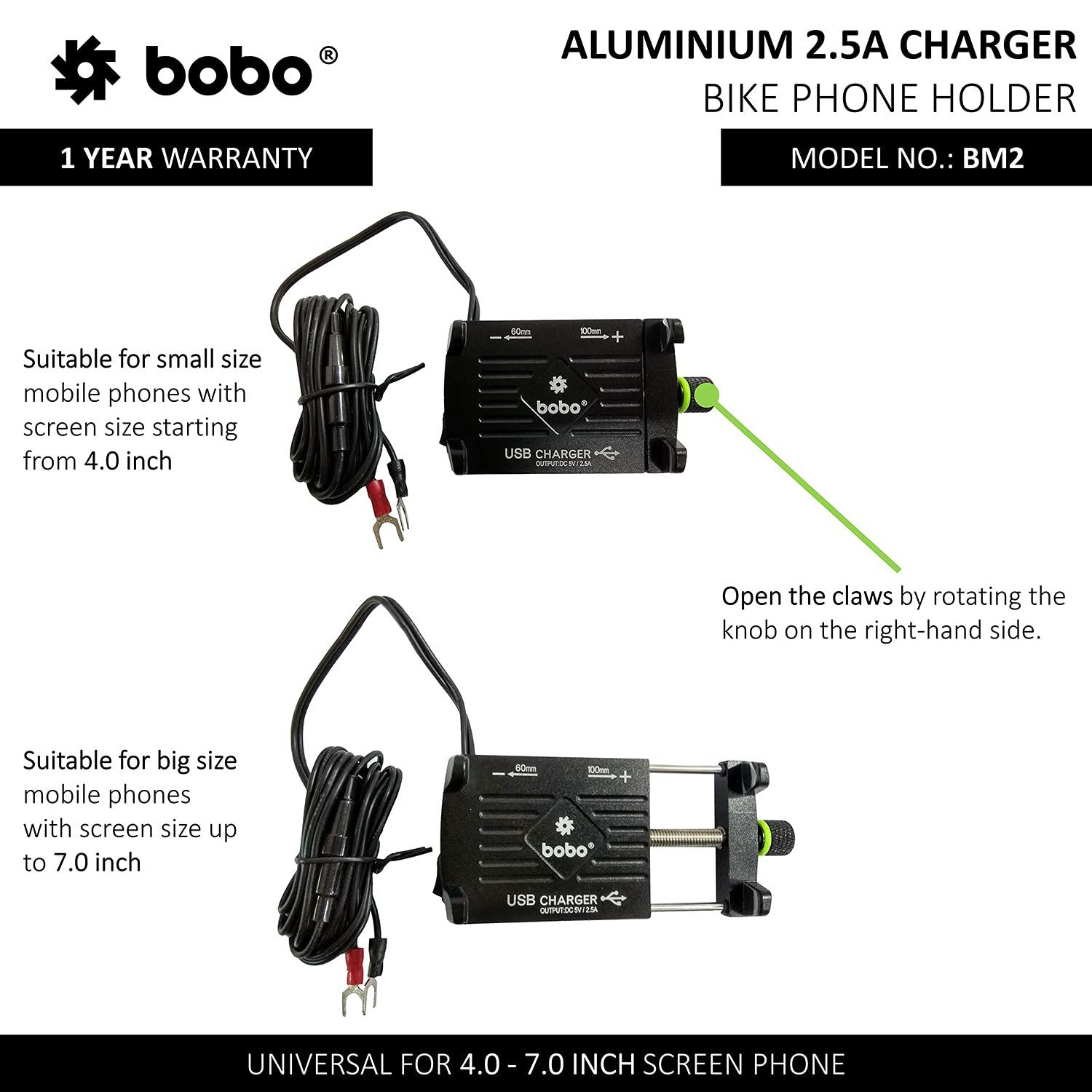 BOBO BM2 Aluminium Waterproof Bike/Motorcycle/Scooter Mobile Phone Holder Mount (With 2.5A USB Charger) - Autosparz