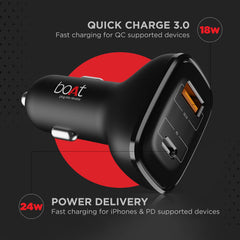 Boat Dual QC-PD Port Rapid Car Charger with Micro USB cable (Black)