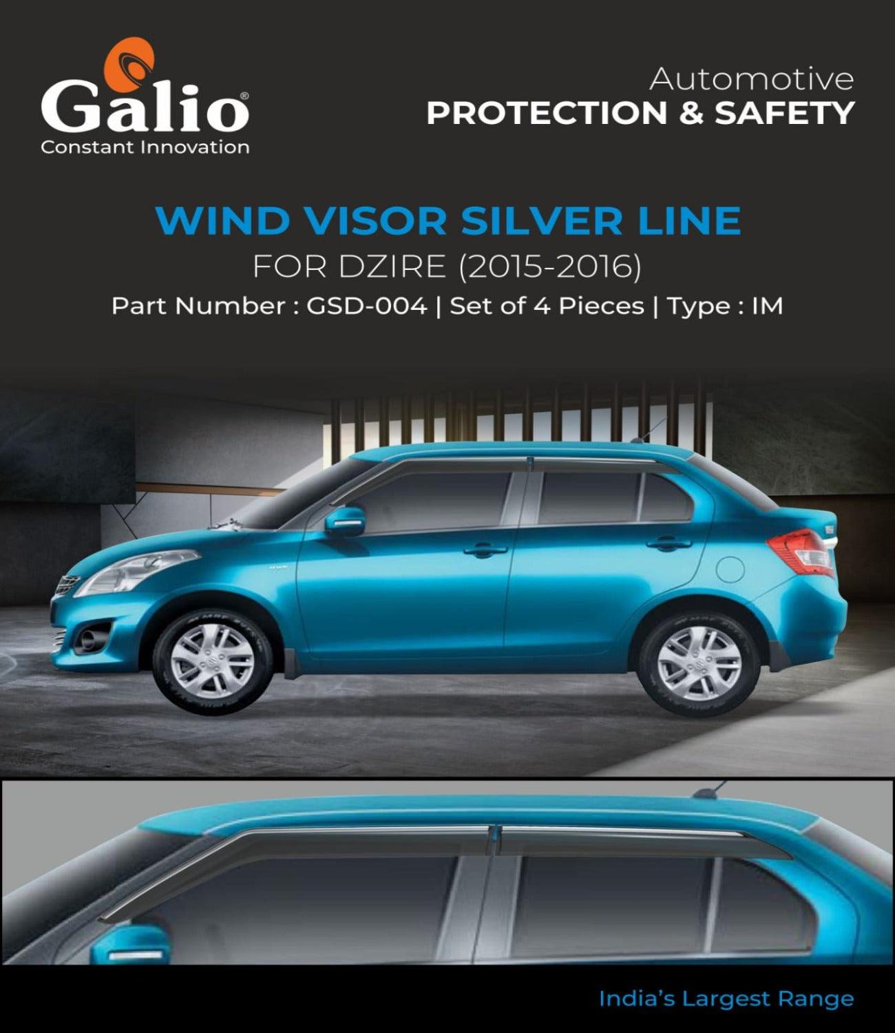 Galio Car Door Visor With Silver Line For Maruti Suzuki Dzire (2012 To 2016 Onwards) (Set of 4 pcs) - Autosparz