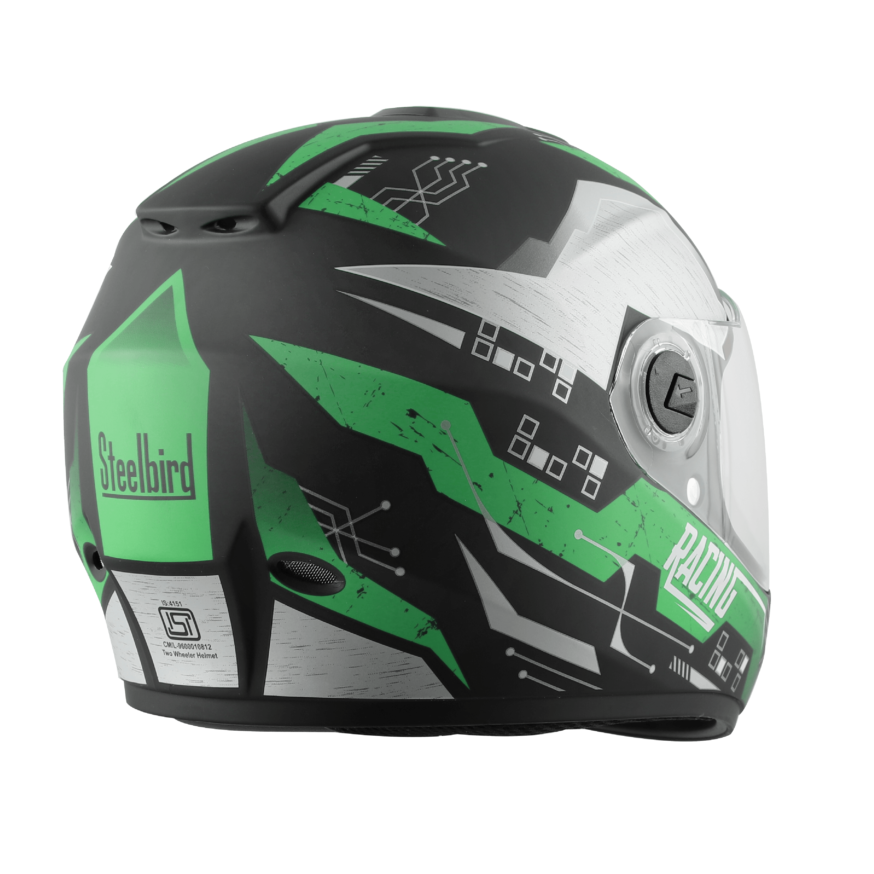 Steelbird  SBH-11 Zoom Racing Helmet with Plain Visor, (Glossy Black with Fluo Green)