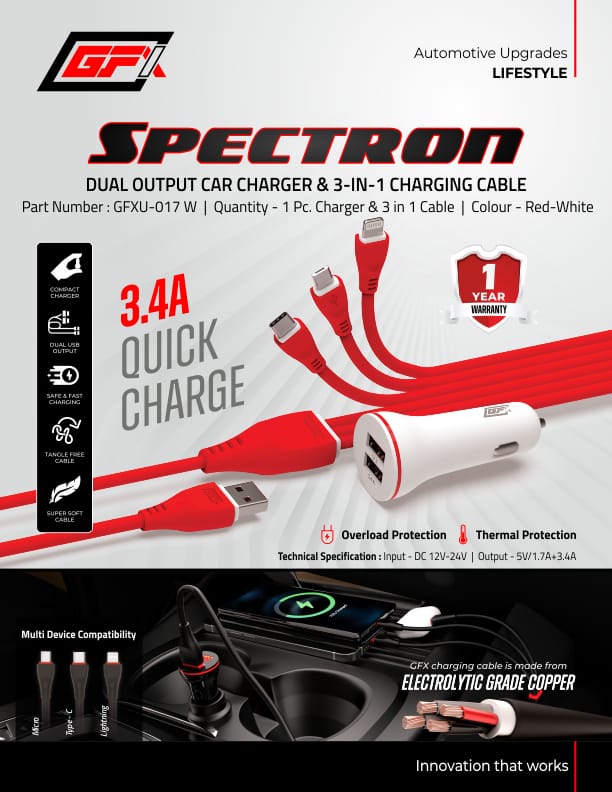 GFX Spectron Car Charger and Cable Trion (3-in-one) Charging Cable Type C, Type-B & lightining Type A (Black, Spectron) (White)