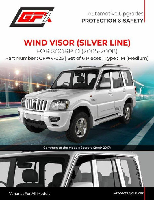 Galio Car Window Door Wind Visor with Silver Chrome Line for Mahindra Scorpio (2005-2008) (Set of 6 Pcs.) - Autosparz