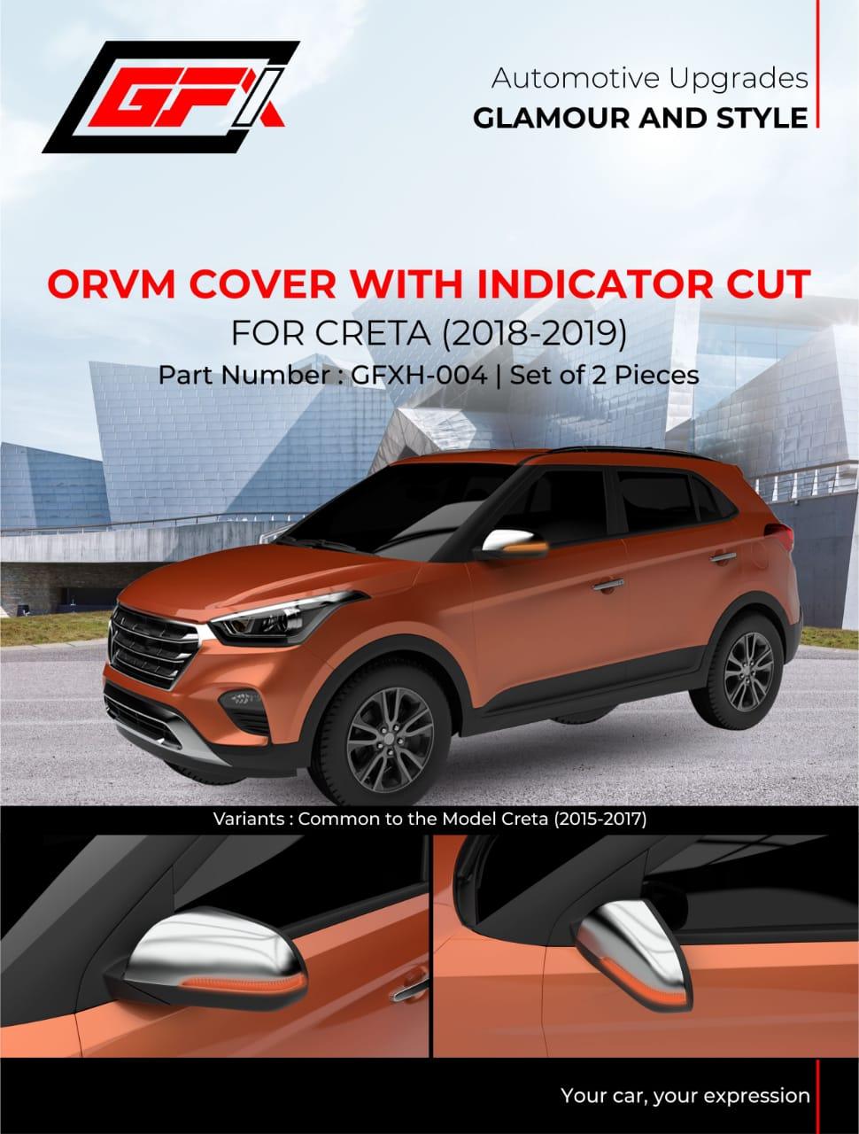 GFX Chrome finish Outside Rear View Mirror (ORVM) Cover With Indicator Cut For Hyundai Creta (2018-2019) (Set of 2 Pcs.) - Autosparz