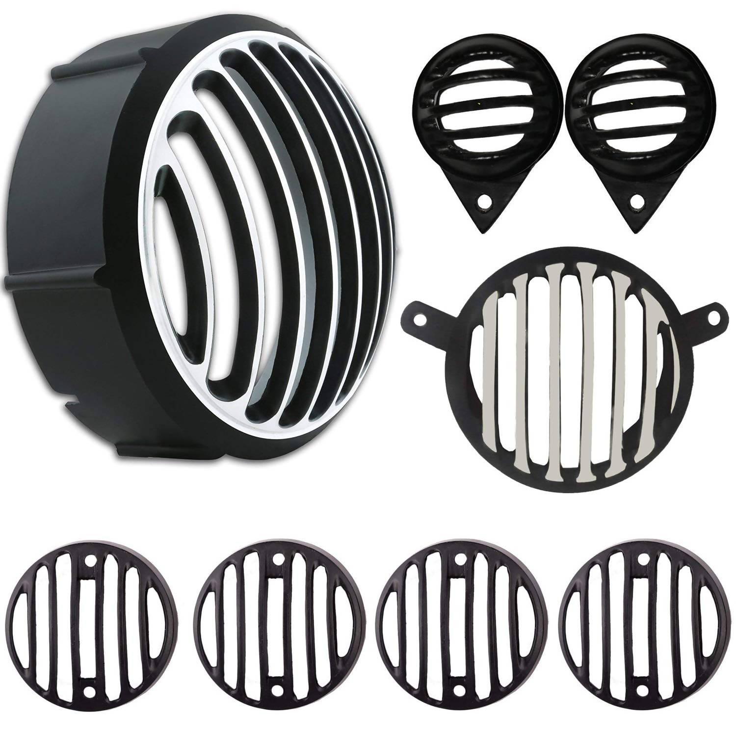 Motocare metal headlight grill protector For Royal Enfield Classic (Black and Chrome, Set of 8) - Autosparz