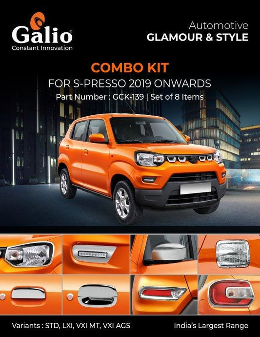Galio Combo Kit Finish Chrome For Maruti Suzuki S Presso (2019 onwards) (Set of 8 items) - Autosparz